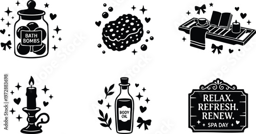 Black and white spa day phrase relax refresh renew with bath bombs candle sponge body oil and bathtub tray vector art