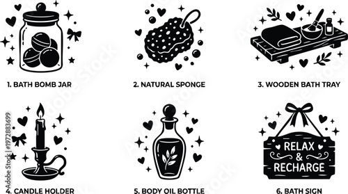 Black and white hand lettering relax and recharge bath sign with bath bomb jar natural sponge candle holder wooden bath tray and body oil bottle