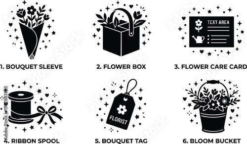 Black and white flower bucket bouquet tag ribbon spool care card and box icons