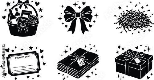 Black and white gift basket bow product card fabric bundle and wrapped present vector art