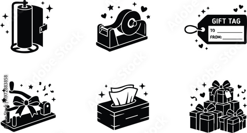 Gift tag tissue box tape dispenser and wrapped presents