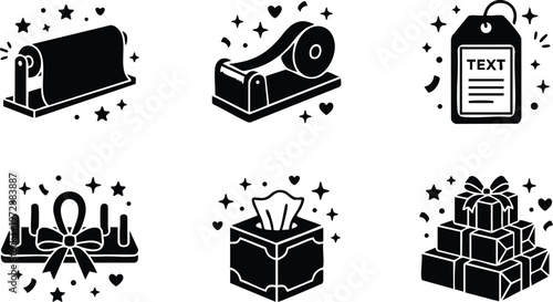 Paper roll cutter tissue box gift stack and price tag icons