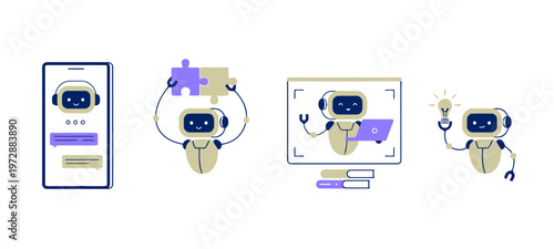 Set of Cute Chatbot Characters for Artificial Intelligence and Digital Assistance
