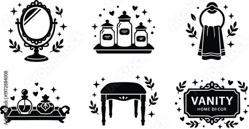 Black and white vintage vanity mirror label jars towel vanity stool vector art