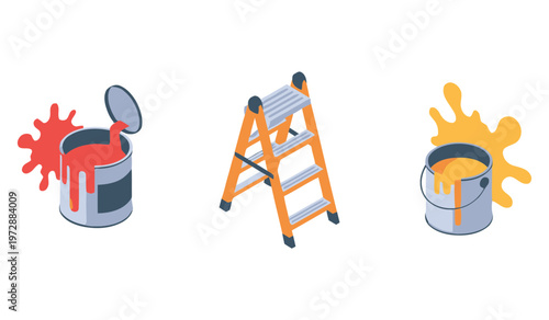 Isometric Home Renovation Tools with Paint Buckets and Ladder