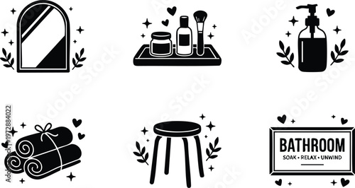 Black and white bathroom items set with mirror towel stool lotion and relax sign