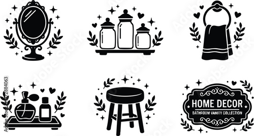 Black and white bathroom vanity collection with mirror stool towel jars and perfume bottles vector art
