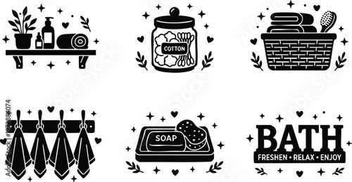 Black and white bath essentials shelf cotton jar towel basket soap and sponge line art