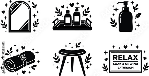 Black and white bathroom relaxation set with towel soap bottles mirror and relax sign