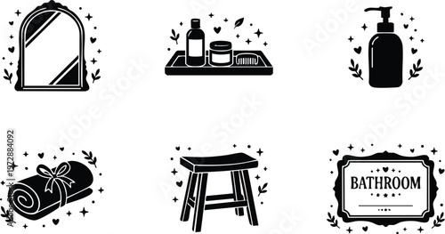 Black and white bathroom elements with mirror stool towel and toiletries vector art