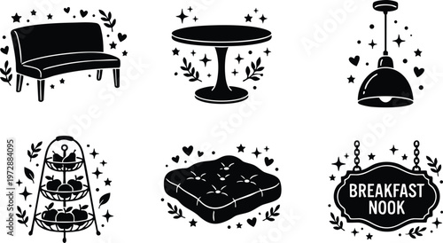 Black and white breakfast nook furniture and decor vector icons set