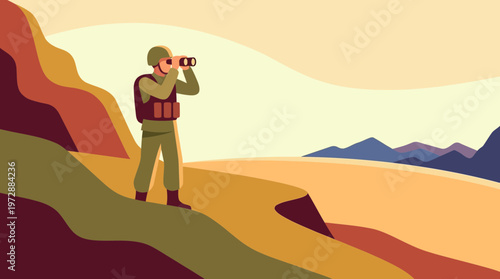 Soldier scouting desert landscape with binoculars vector illustration