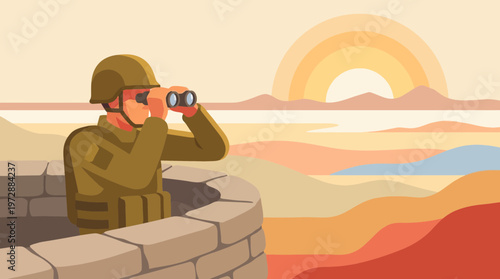 Soldier Watching Desert Landscape with Binoculars from Bunker