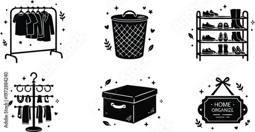 Black and white flat design home organization icons with clothes rack box shoe shelf and hanger stand