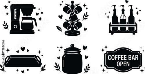 Black and white coffee machine mug rack condiment bottles tray jar and coffee bar open sign vector art