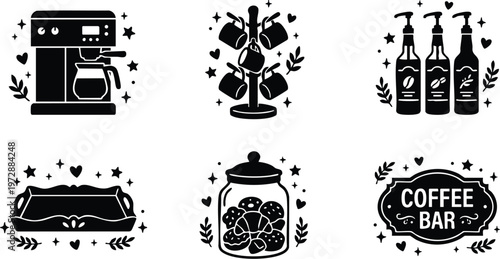Black and white coffee machine and accessories with coffee bar sign vector art