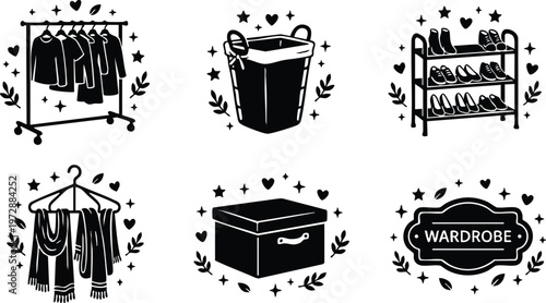 Black and white wardrobe closet icons set with clothes hangers shoes and storage box