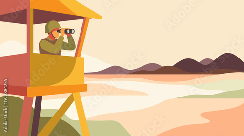 Soldier in Watchtower Looking Through Binoculars over Landscape
