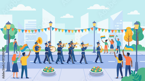 Marching Band Parade in City Street with People Celebrating