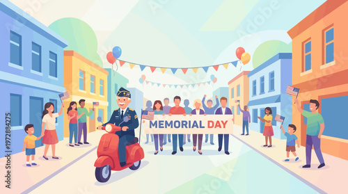 Memorial Day Parade Illustration with Veteran and Festive Crowd