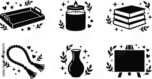 Black and white vector icons of tray candle books rope vase and easel with hearts and stars