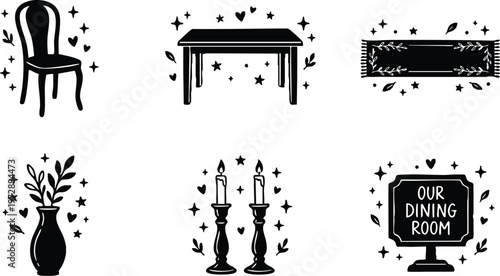 Black and white dining room icons with chair table rug vase candlesticks and our dining room sign