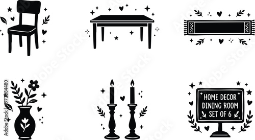 Black and white dining room set icons with chair table candles vase and sign