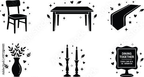 Black and white dining table chair candle vase and framed quote vector art