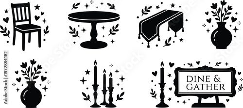 Black and white dining symbols with chair table candle and vase decor