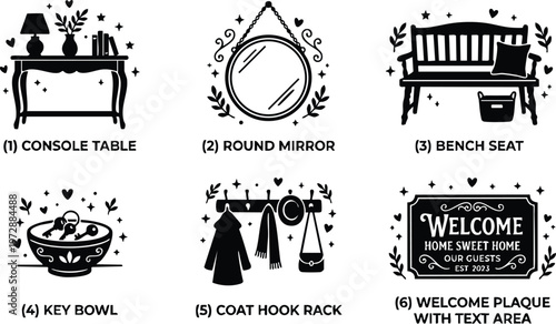 Black and white console table round mirror bench seat key bowl coat hook rack and welcome plaque with text area vector art