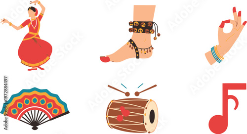 Indian Classical Dance Elements and Musical Instruments Icon Set
