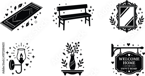 Black and white vintage home decoration vector art set with rug bench mirror lamp vase and welcome sign