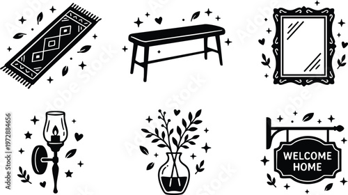 Black and white decorative home icons including rug bench mirror lamp vase and welcome sign