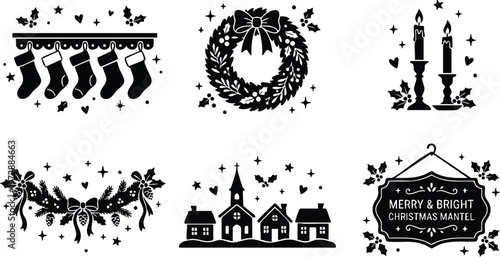 Black and white christmas wreath stockings candles village and festive sign illustration