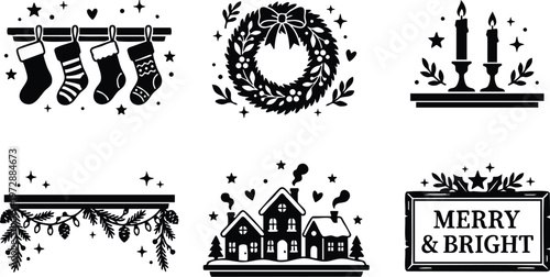 Black and white christmas wreath stockings candles village and merry bright sign vector art