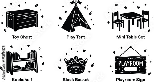 Black and white playroom sign toy chest play tent bookshelf mini table set block basket vector art