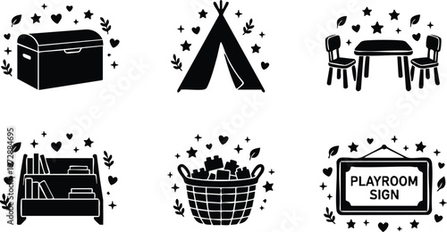 Black and white line art playroom icons with chest tent table bookshelf toy basket and playroom sign