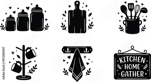 Black and white kitchen jars cutting board utensils towel and home gather sign vector art