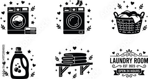 Black and white laundry room icons with washing machine detergent basket and folded towels