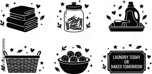Black and white laundry today or naked tomorrow quote with laundry icons in flat design