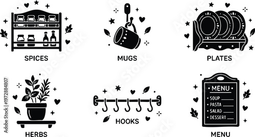 Black and white kitchen items spices mugs plates herbs hooks and menu flat vector art