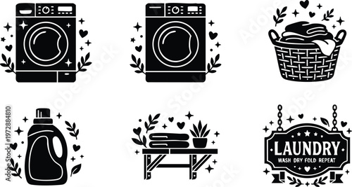 Black and white laundry machine basket detergent shelf and laundry sign vector art