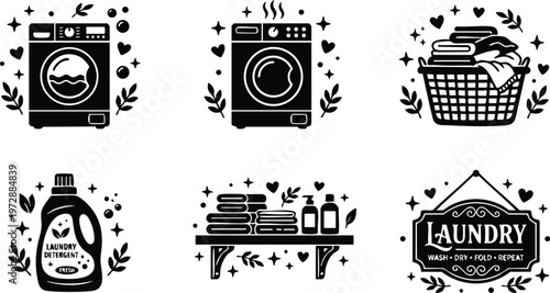 Black and white laundry icons with washing machine detergent basket and folded towels