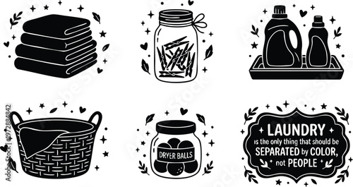 Black and white laundry quote with towels laundry basket and detergent bottles vector art