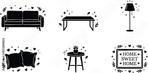 Black and white home sweet home sign with sofa table lamp and cushions vector art