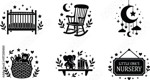 Black and white nursery crib rocking chair moon and stars little ones sign vector art