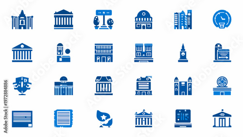 Collection of Blue Government and Public Building Icons Flat Design Symbols for Civic and Administrative Services