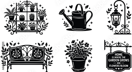 Black and white garden quote with potted plants watering can bench and lantern vector art