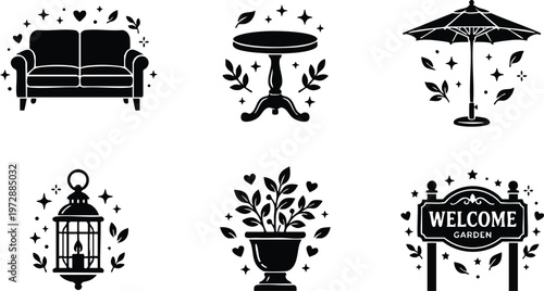 Black and white garden welcome sign sofa table umbrella lantern and plant icons
