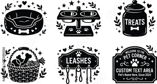 Black and white pet supplies icons including bed leash treats basket and welcome sign